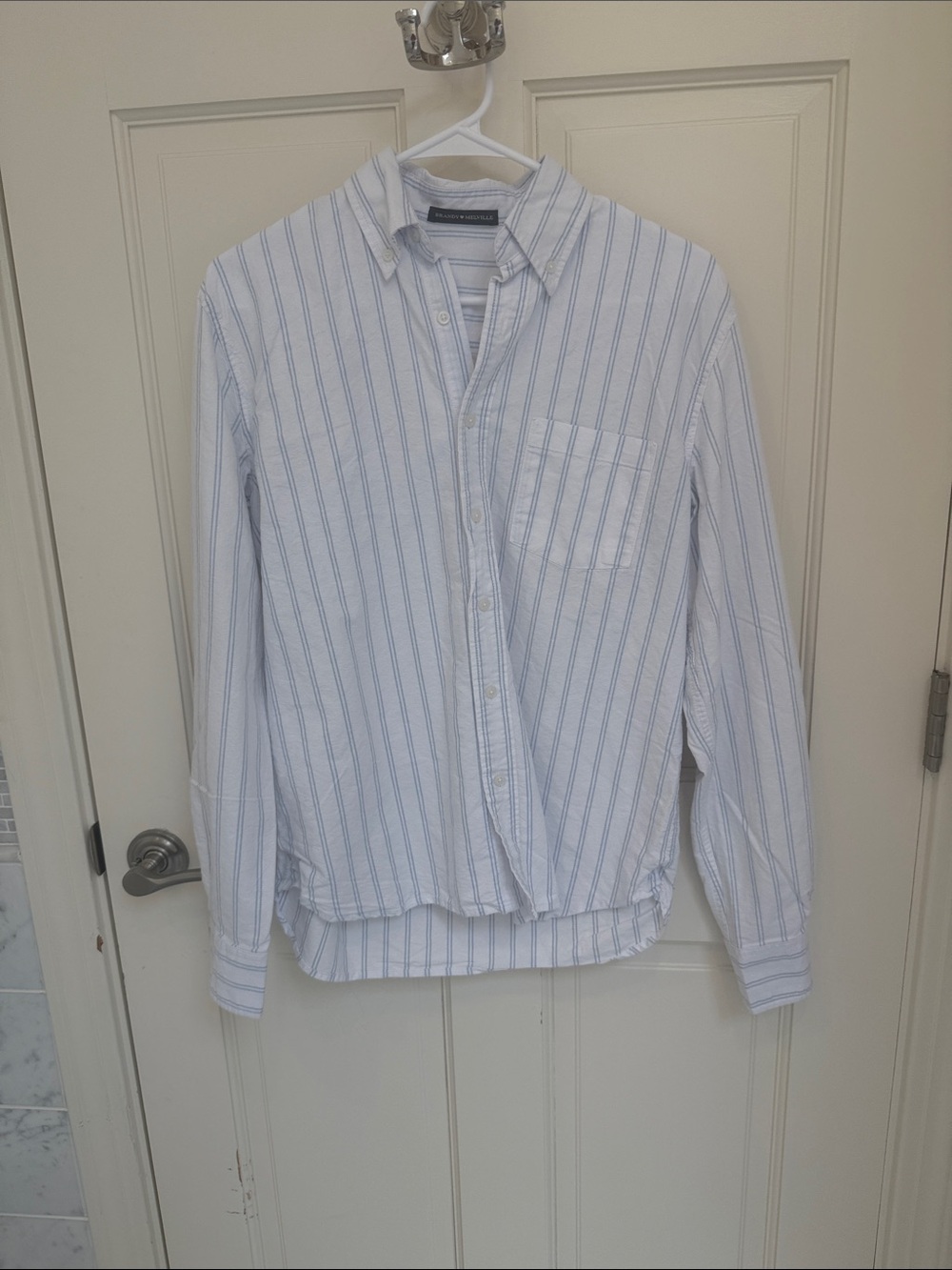 Brandy Melville White Button-Down Shirt with Light Blue Stripes
